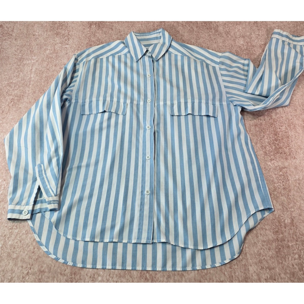 Athentic Forenza Sportwear Blue White Striped Shirt Long Sleeve Pockets Womens L